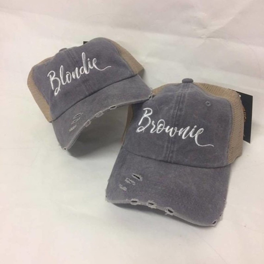 Blondie and Brownie Dad Hat Distressed Grey Trucker Hat Blonde Brunette